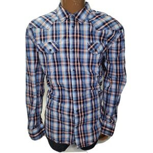 Moonshine Spirit Brad Paisley Men 2XL Plaid Pearl Snap Western Shirt Blue Orange